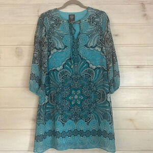 Vince Camuto Size 2 Blue paisley patch long sleeve Boho MIDI Dress cruise